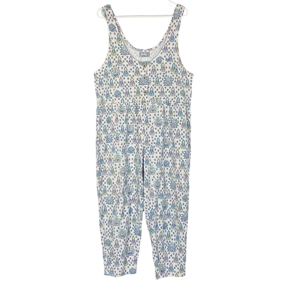 Vintage 90s Jumpsuit Romper Womens Size Large Pants Sleeveless Pink Printed Knit - Picture 1 of 9